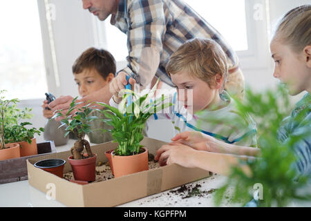 Lehrer mit Kindern im Biologieunterricht lernen über Pflanzen Stockfoto