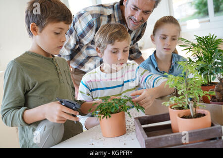 Lehrer mit Kindern im Biologieunterricht lernen über Pflanzen Stockfoto