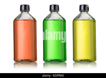 Drei große Glasflaschen mit Medikamenten. Stockfoto