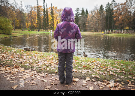 Kleines Mädchen steht in der Nähe von Lake Küste im Herbst Park, Ansicht von hinten Stockfoto