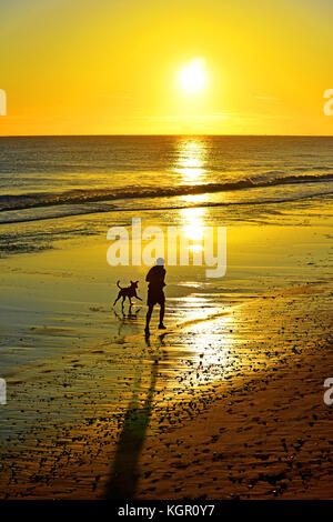 Große Sonne goldener Küstenaufgang auf der Nordsee mit Jogging-Läufer und Hund Stockfoto