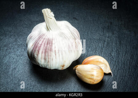 Glühlampe und Nelken Knoblauch (Allium sativum) auf schwarzem Schiefer Oberfläche. Stockfoto