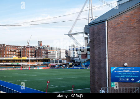 Cardiff Arms Park, Rugby, Stadion, Haus, der, Cardiff Blues, in, Schatten, der, Fürstentum, Stadium, Cardiff, Hauptstadt, Caerdydd, South Glamorgan, Wales, Welsh, Großbritannien, Stockfoto