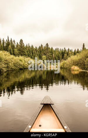 Gelbe Kanu Nase an ruhigen friedlichen ganz See in Algonquin Park, Ontario Kanada mit Baum Reflexion shoreline Pinienwald Küste Stockfoto