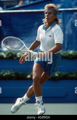 Martina Navratilova in Aktion während der 1988 US Open in Flushing Meadows, Stockfoto