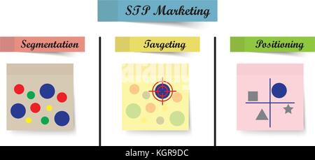 Vector Illustration pastell Haftnotizen stp Marketing Prozess bedeutet, Segmentierung, Targeting und Positionierung als auf weißem Hintergrund Stock Vektor