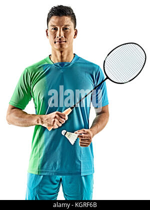 ein asiatischer Badminton Spieler Mann isoliert auf weißem Hintergrund Stockfoto