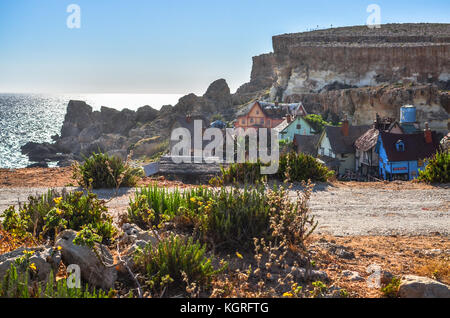 Popeye Village vom Mittelmeer, Malta Stockfoto