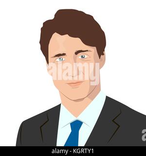 November 10, 2017 Redaktionelle Illustration der Premierminister von Kanada Justin Trudeau Portrait auf kanadischen Flagge Hintergrund. Stock Vektor