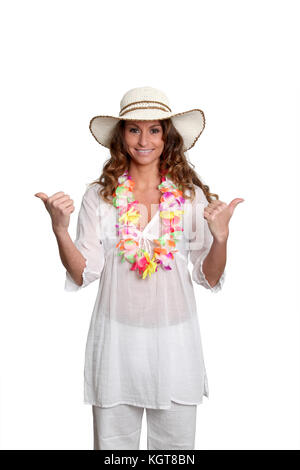 Glückliche Frau tragen Hawaiian Outfit Stockfoto