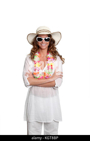 Glückliche Frau tragen Hawaiian Outfit Stockfoto