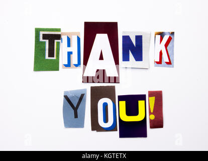 Ein Wort schreiben Text zeigt Konzept von Danke, Dank gemacht von verschiedenen Zeitschrift Zeitung Brief für Business Case auf dem weißen Hintergrund mit Stockfoto