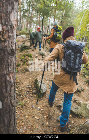 Eltern und Kinder Trekking im Wald Stockfoto