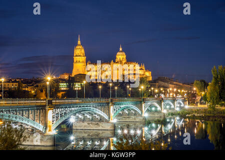 Kathedrale von Salamanca und der Brücke über den Fluss Tormes, Spanien Stockfoto