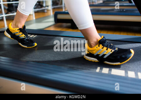 Menschliche Füße auf der Fadenmühle-Laufbahn während des Trainings im Fitnessstudio Stockfoto