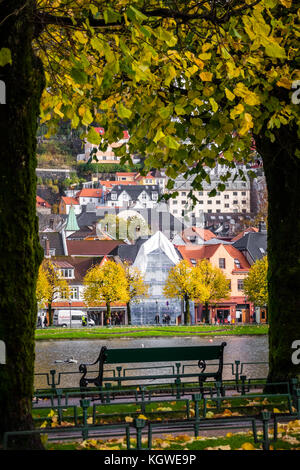 Bergen, Norwegen - Oktober 2017 : leere Bank am Ufer des kleinen Sees Lille Lungegardsvannet, auch Smalungeren genannt, im Herbst, Bergen, Norwegen Stockfoto