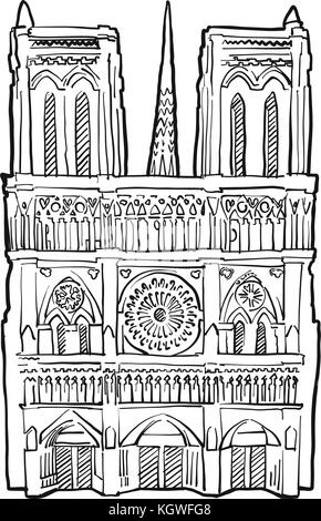 Notre Dame Fassade Abbildung. Hand historischer Grenzstein gezogen. Berühmte Reiseziel. Vektorgrafiken Skizze. Stock Vektor