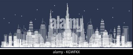 Umrisse Skyline von Dubai mit Wolkenkratzer. Vorderansicht durch Gebäude. Vector Illustration. Business Travel und Tourismus Konzept mit modernen Archit Stock Vektor