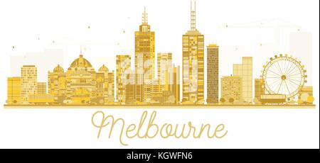 Melbourne Australien Skyline der Stadt goldene Silhouette. Vector Illustration. Stadtbild mit Sehenswürdigkeiten. Stock Vektor