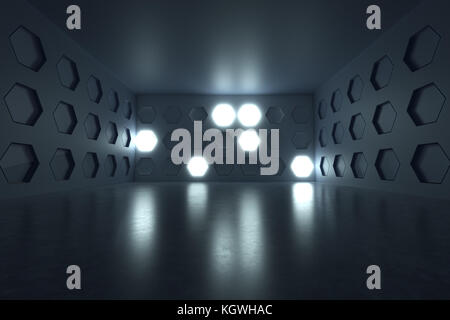 3D-Rendering von leeren Raum mit Sechskant Wand aufhellen und grunge Betonboden Stockfoto