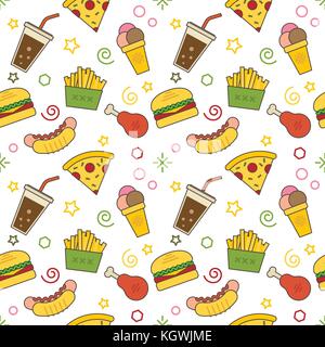 Nahtlos illustrierte Technologie und Wissenschaft themed Linie Stil Vektor-Muster mit Burgern, Hot Dogs, süße Getränke, Eis, Pommes, Huhn und Pizza Stock Vektor