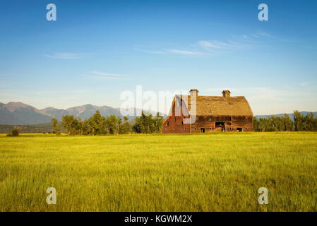 Sommer Sonnenuntergang mit einer alten Scheune in ländlichen Montana Stockfoto