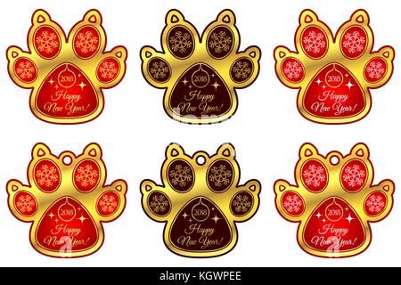 Hund Pfote 2018 Der neue Jahr. Eingestellt von Aufklebern und Hängespielzeug red dog Paw mit Abbildung der Schneeflocken, Weihnachtsbaum Spielzeug, starrt und Aufschrift h Stock Vektor