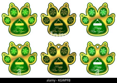 Neues Jahr hängespielzeug der Hund die Pfote. Eingestellt von Aufklebern und hängespielzeug der grüne Hund Pfote mit Abbildung der Schneeflocken, Santa Claus hat und Aufschrift hap Stock Vektor