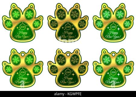 Hund Pfote 2018 Der neue Jahr. Eingestellt von Aufklebern und hängespielzeug der grüne Hund Pfote mit Abbildung der Schneeflocken, Weihnachtsbaum Spielzeug, starrt und Beschriftung Stock Vektor