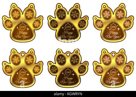 Hund Pfote 2018 Der neue Jahr. Eingestellt von Aufklebern und hängespielzeug von brauner Hund Pfote mit Abbildung der Schneeflocken, Weihnachtsbaum Spielzeug, starrt und Beschriftung Stock Vektor