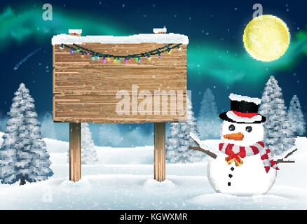 Schneemann und Holz board Anmelden nigth Winter Forest Stock Vektor