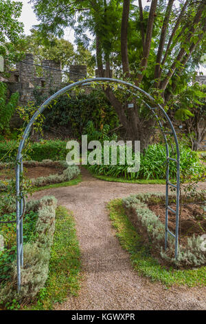 Garten der Burg von Tavira in Portugal. Aus dem 11. Jahrhundert Burgruine mit herrlichem Blick auf die Stadt und den Park von der Zinne Wände. Stockfoto