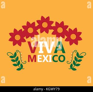 Viva Mexico Schriftzüge Blumen Blätter Dekoration Feier Stock Vektor