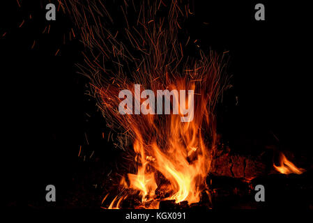 Rot und Orange Spurte der Flammen, Holzkohle, Brennholz im Feuer und Funken in Form von Tracks auf schwarzem Hintergrund Stockfoto