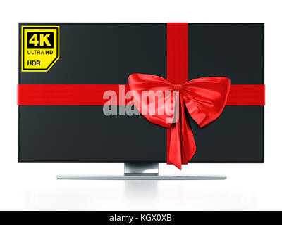 4 k Ultra-HD-TV mit roter Schleife verpackt. 3D-Darstellung. Stockfoto