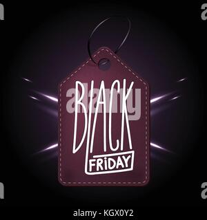 Hochwertige Lederhülle in Violett Abzeichen für Einkaufsbummel am Schwarzen Freitag Tag. handdrawn lineare Inschrift. ledernen Label für das web business Retail Stock Vektor