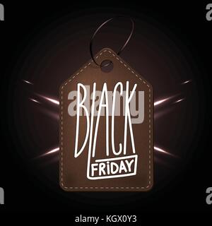 Hochwertiges, dunkelbraunes Leder Abzeichen für Einkaufsbummel am Schwarzen Freitag Tag. handdrawn lineare Inschrift. ledernen Label für das web business Retail Stock Vektor