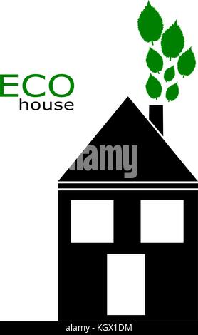 Black House Symbol mit grüner Energie konzeptionelle Thema. grüne Blätter als ökologische Rauch über einem Kamin. Stock Vektor