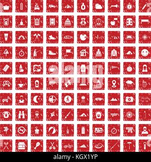 100 Family Camping Icons Set grunge Rot Stock Vektor