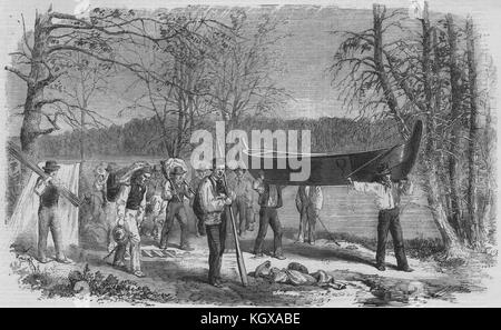 Assiniboine & Saskatchewan erforschen Expedition. Keine portagen Kanu- & Gepäck 1858. Die Illustrated London News Stockfoto