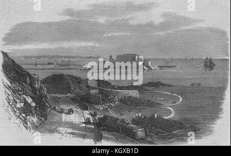 Castle Cornet und neuen Hafen von St. Peter Port, Guernsey. Kanal Inseln 1869. Die Illustrated London News Stockfoto