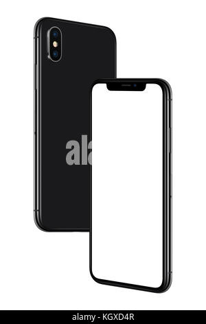 Segelfliegen in der Luft Smartphones wie iPhone X. Neue schwarze rahmenlose Smartphones mockup mit leeren weißen Bildschirm- und Rückseite schwebt in der Luft. Stockfoto