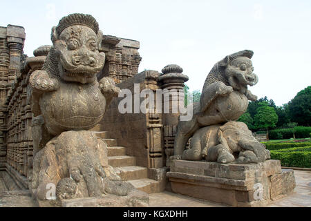 Statue von Löwen reiten über Elefanten bei Sun Tempel, konark in Orissa, Indien, Asien Stockfoto