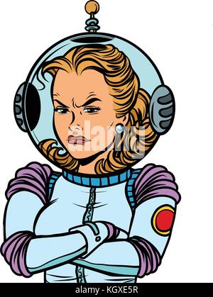 Wütende Frau Astronaut auf weißem Hintergrund. Comic cartoon Pop Art retro Vektor illustration Zeichnung Stock Vektor