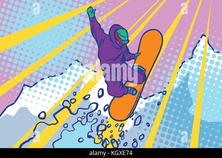 Snowboarder jumping, Wintersport, aktiven Lebensstil. comic Cartoon Stil pop art Illustration Vektor retro Stock Vektor