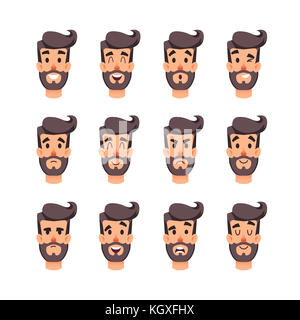 Der Kopf des Menschen mit verschiedenen Emotionen. Cartoon männliche Gesichter Zeichensatz. Gesichtsemotionen für Spiel oder Animation. Avatar eines jungen Mannes mit verschiedenen Gesichtsausdrücken. Brüten, Angst, Schock, Misstrauen, List, Diskretion, Verlegenheit und andere Stimmung. Stockfoto
