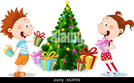 Kinder unter dem Weihnachtsbaum auspacken Geschenke isoliert auf Weiss - Vector Illustration Stock Vektor