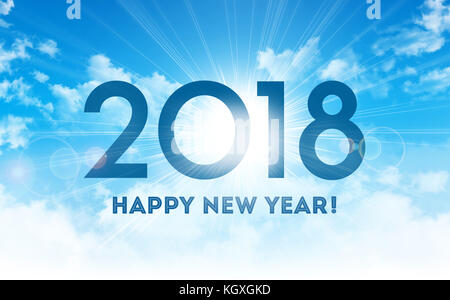 Neujahrsgrüße 2018 auf einem glänzenden blauen Himmel mit der aufgehenden Sonne Stockfoto