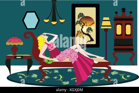 Art Deco Zimmer mit Frau auf dem Sofa sitzt. Stock Vektor