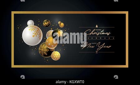 Abstrakte Weihnachten und Neujahr Grußkarte Design mit 3d-weiß, schwarz und gold Weihnachtskugeln. Elemente separat in Vektordatei übereinandergelegt werden. Stock Vektor